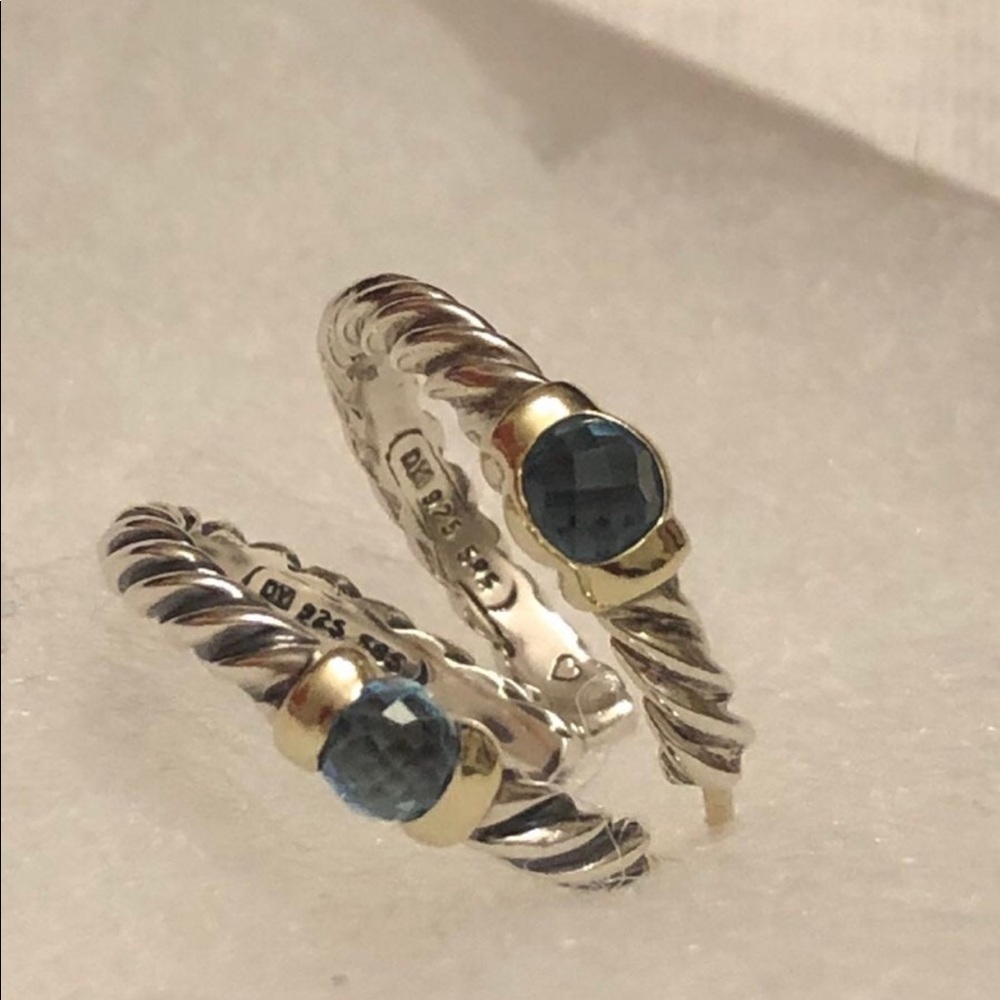 David Yurman Blue Topaz SS and 14k Gold Hoop Earrings